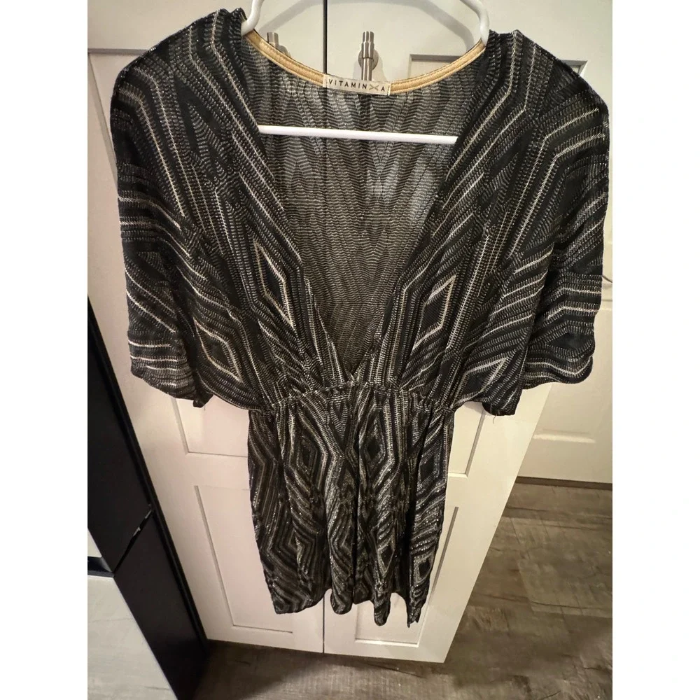 Vitamin A Metallic Geometric Knit Swim Cover Up Dress Black Gold V-Neck Kimono S